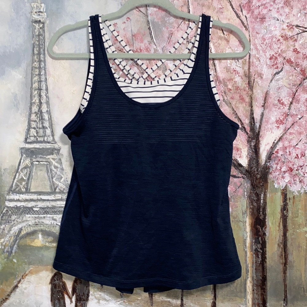 Athleta Fully Focused Top Tank Bra Support Navy Blue / White Size XXS EUC